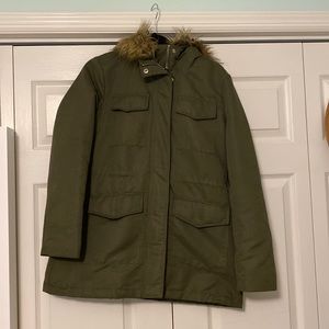 New York & Co. womens size S. Green winter coat with fur hood